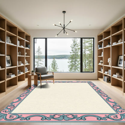 Pink Blue Floral Filigree Border Rug