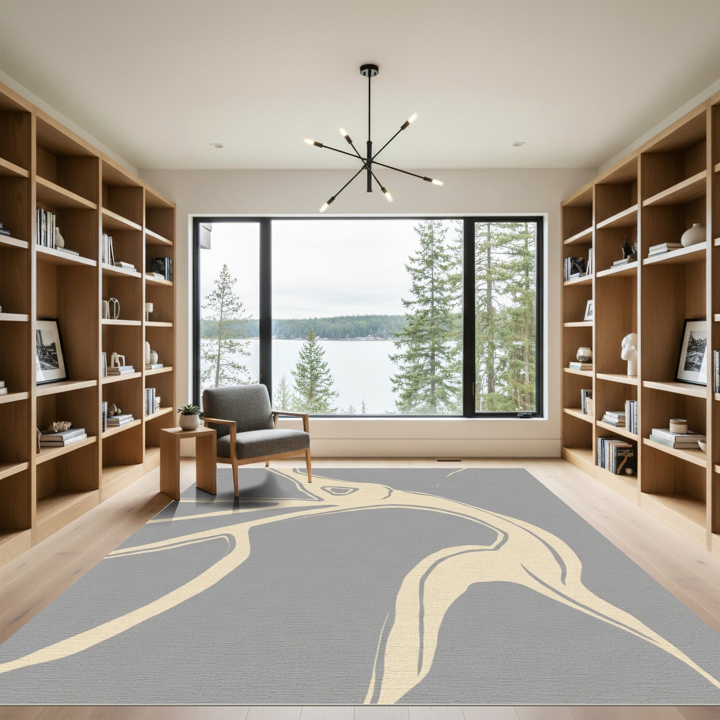 Cream Abstract Branch Swirl Gray Rug