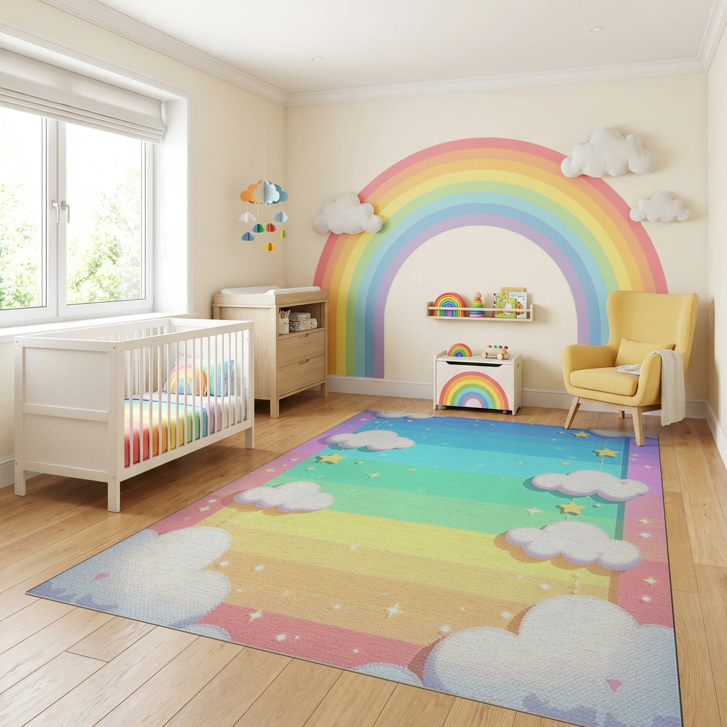 Dreamy Rainbow Fluffy Clouds Stars Rug