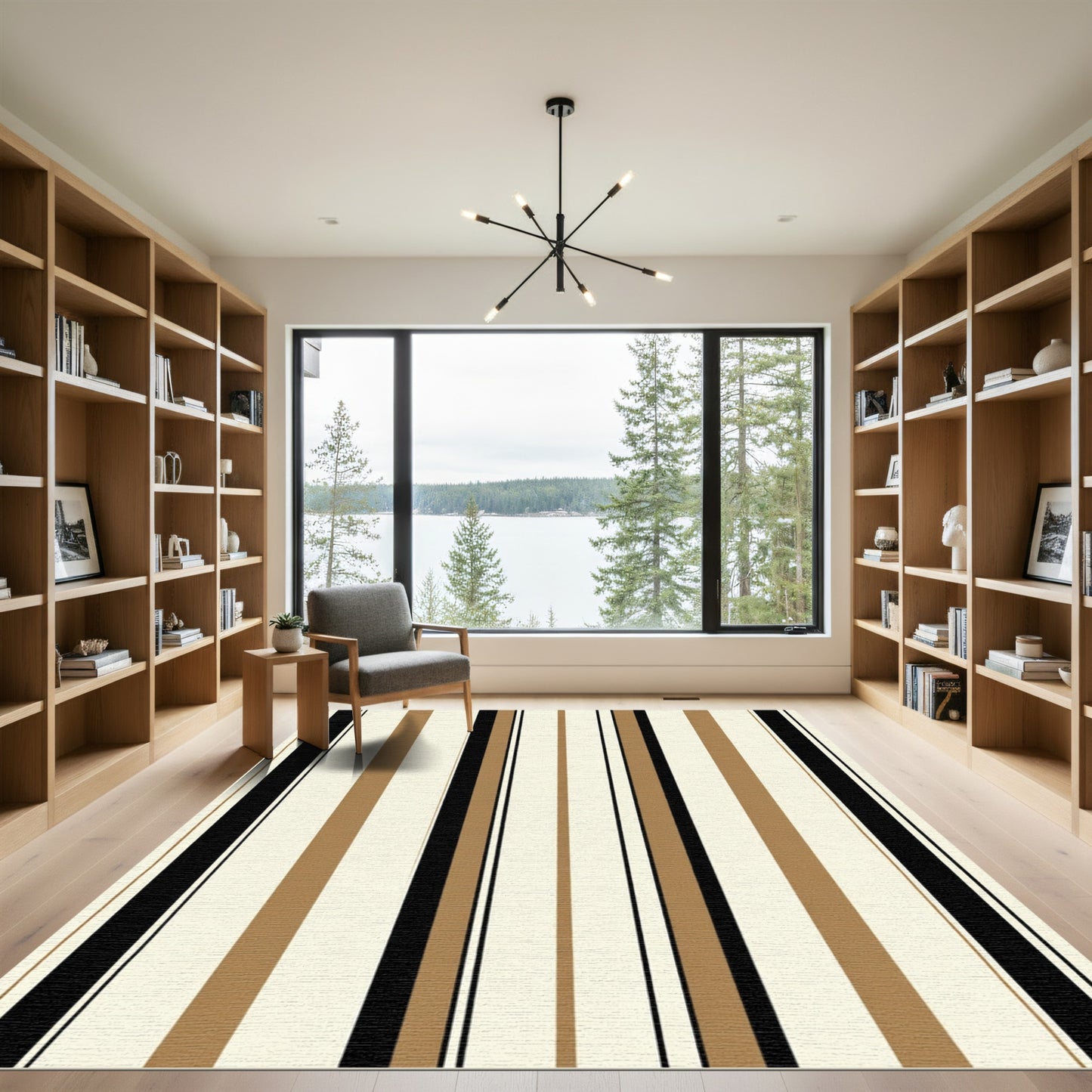 Modern Beige Black Striped Arrangement Rug