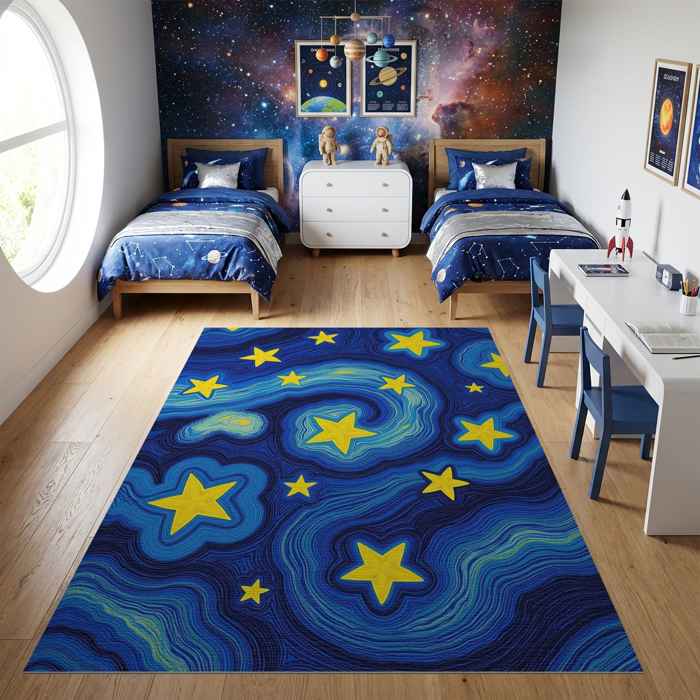 Swirling Yellow Stars Deep Blue Rug