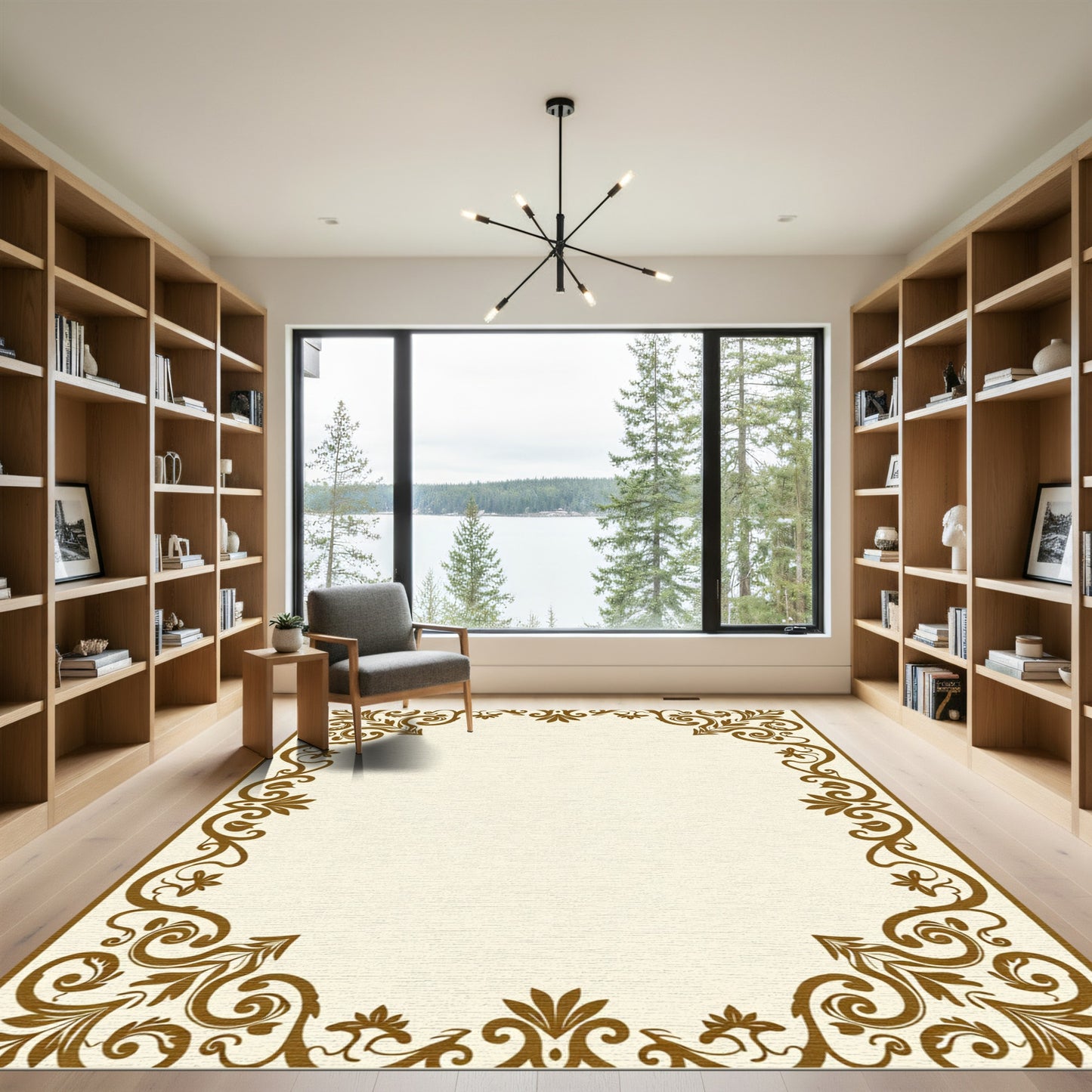 Rich Brown Floral Scroll Border Rug