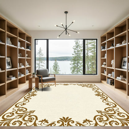 Rich Brown Floral Scroll Border Rug