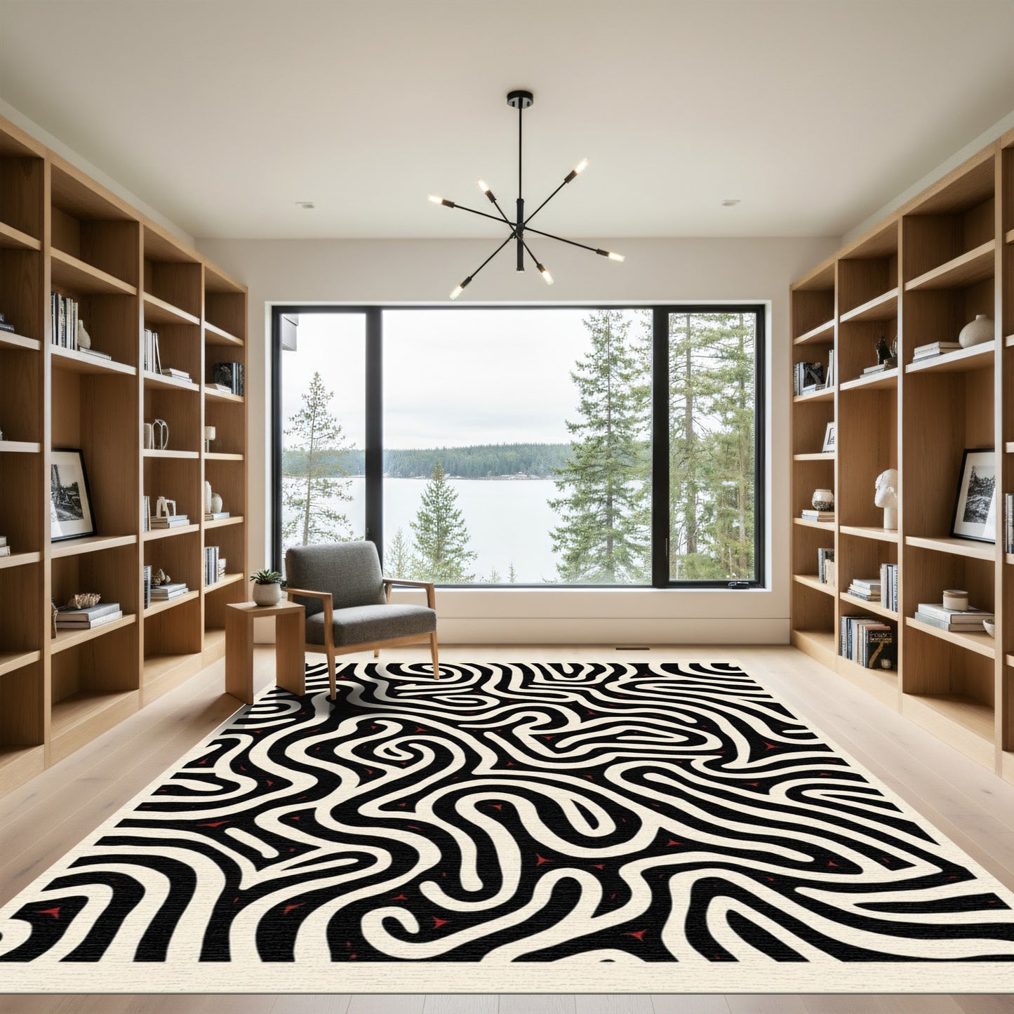 Black White Red Fluid Maze Rug