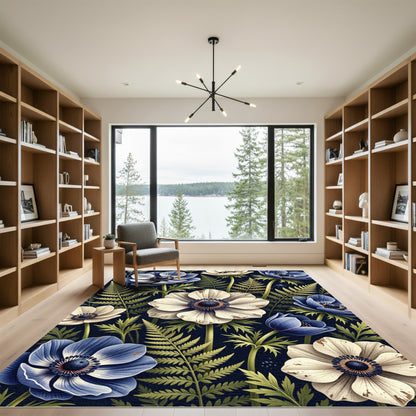 Blue and White Anemone Botanical Meadow Rug