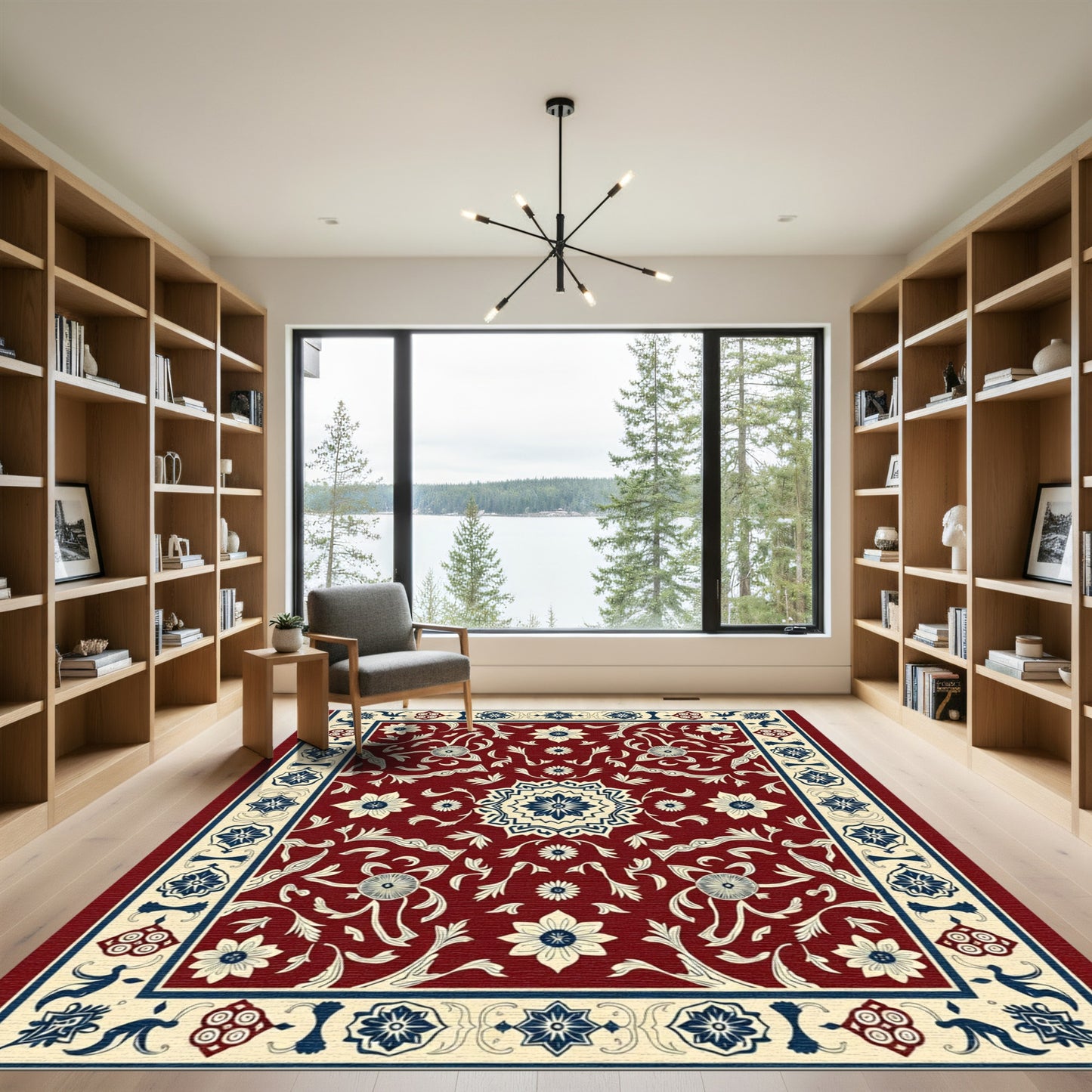 Crimson Blue Floral Medallion Border Rug