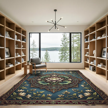 Elegant Lotus Medallion Teal Floral Art Rug