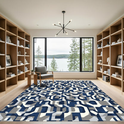 Abstract Blue Gray Geometric Interlocking Shapes Rug