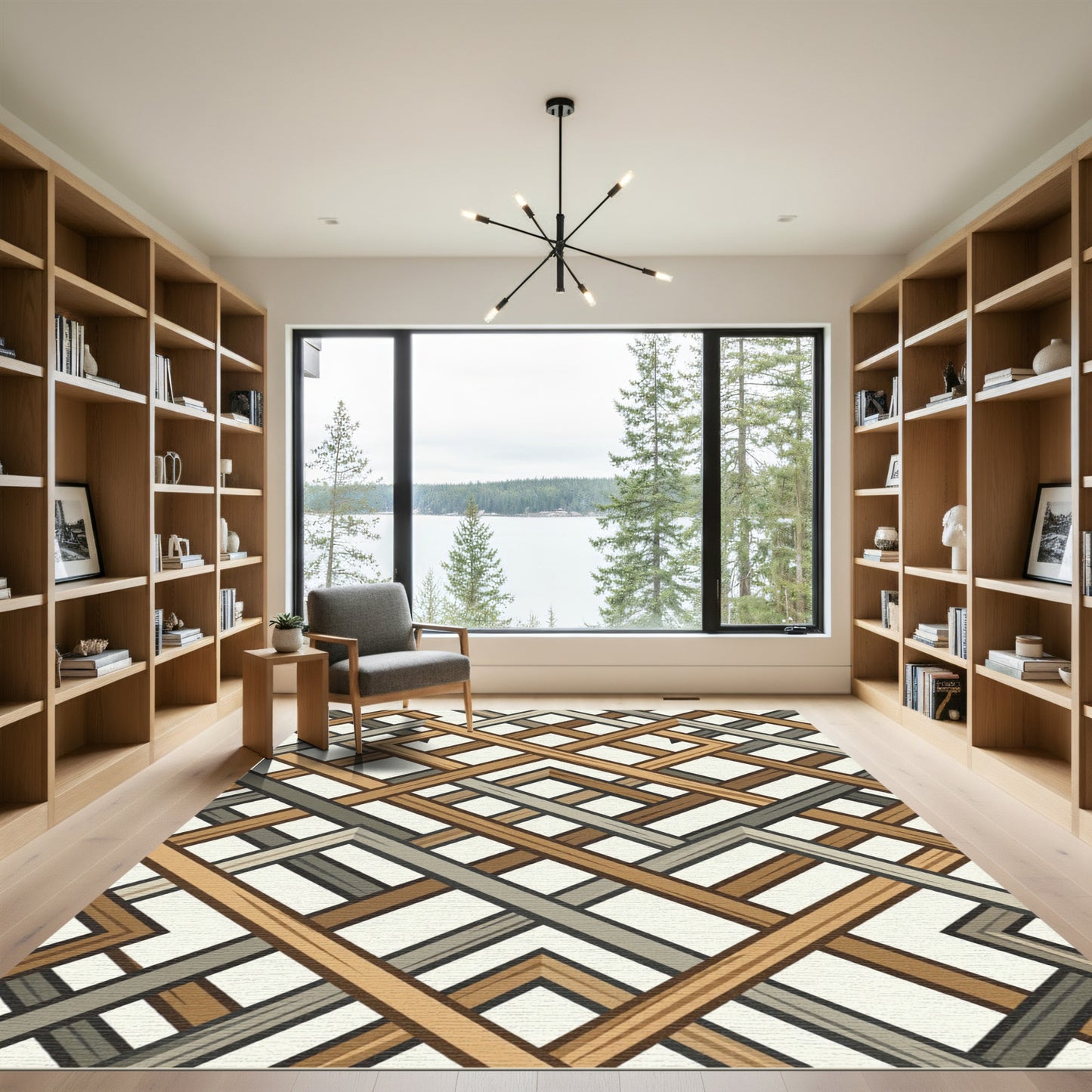 Geometric Interlocking Wood Tone Grid Rug