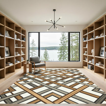 Geometric Interlocking Wood Tone Grid Rug