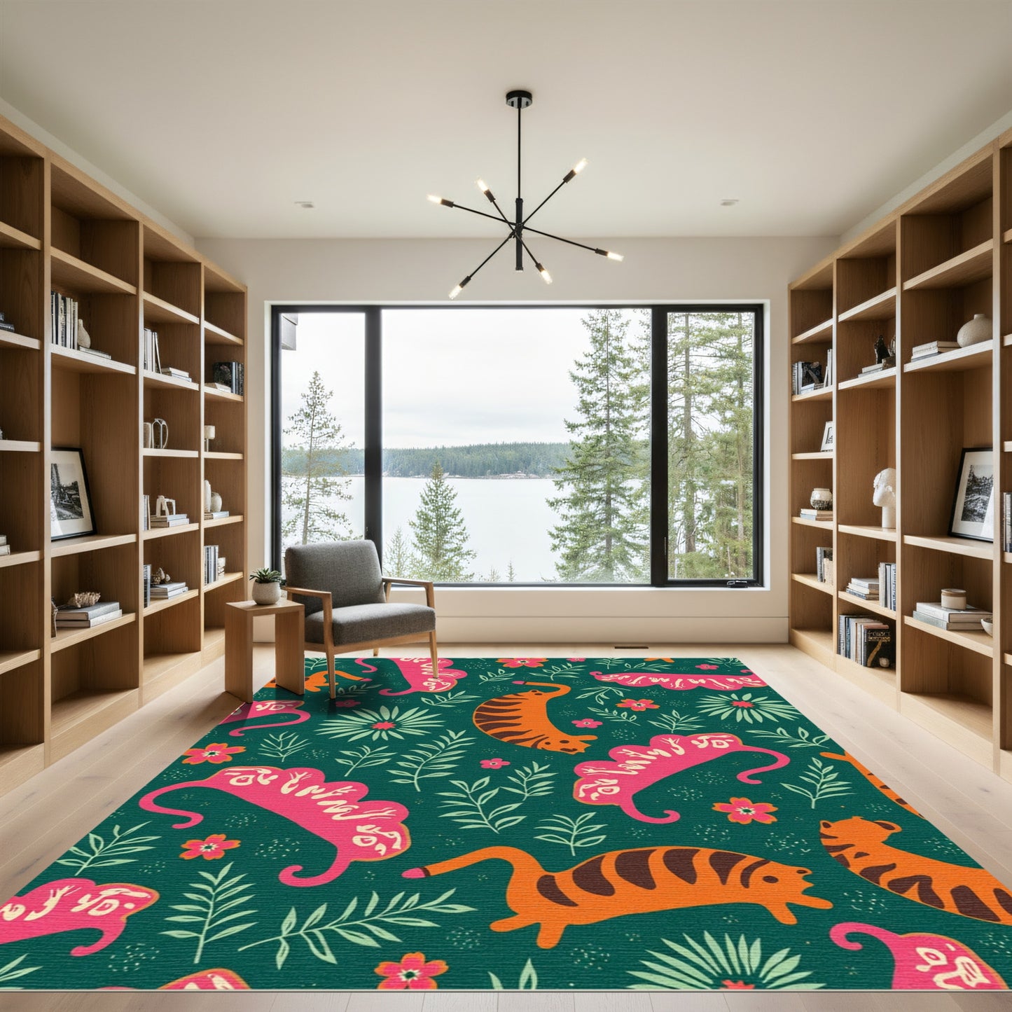 Playful Orange Tiger Floral Jungle Rug