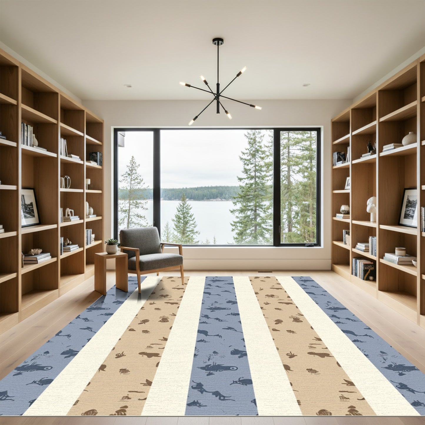 Blue Tan Abstract Stripe Figures Rug