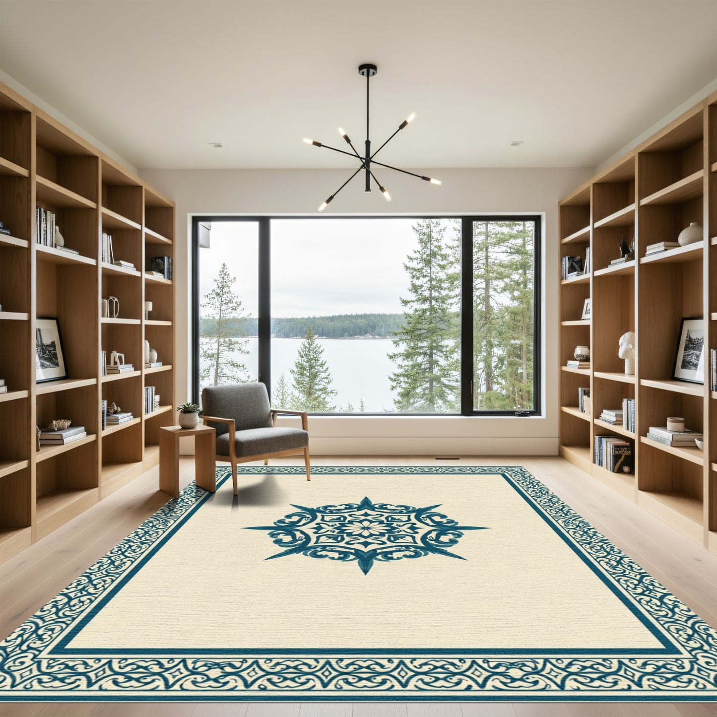 Deep Teal Mandala Ornamental Border Rug