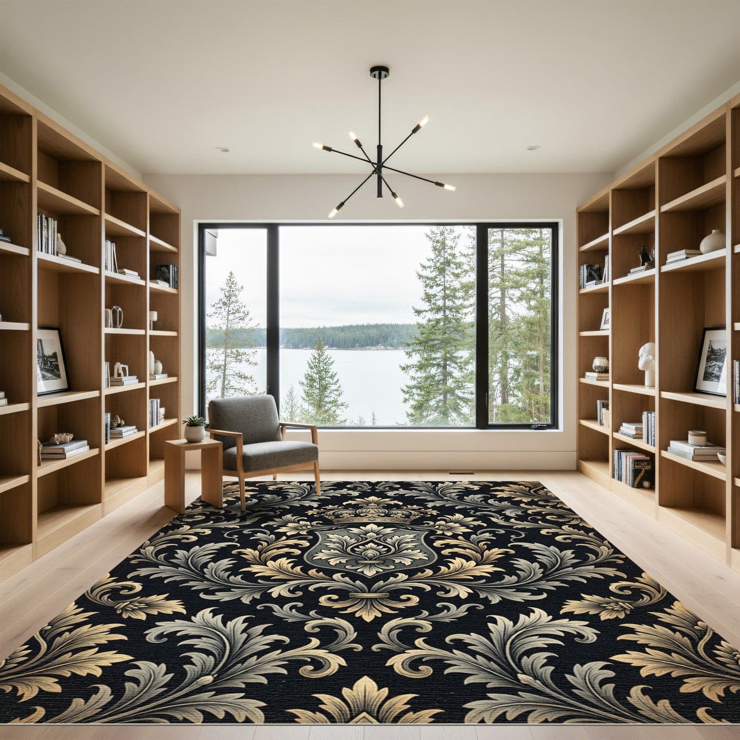 Elegant Gold Royal Crown Damask Rug
