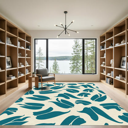 Teal Leaf Abstract Botanical Composition Rug