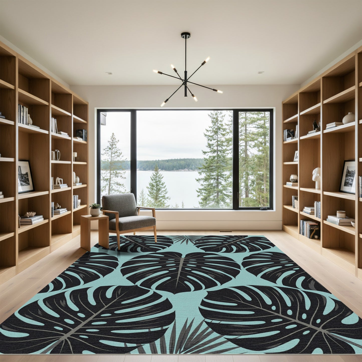 Lush Black Tropical Monstera Foliage Rug