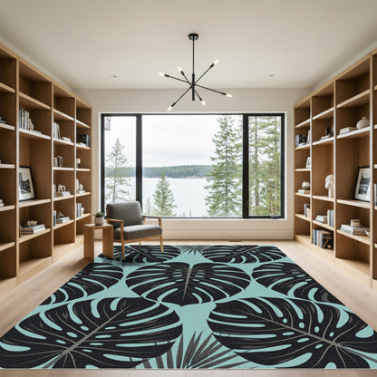 Lush Black Tropical Monstera Foliage Rug