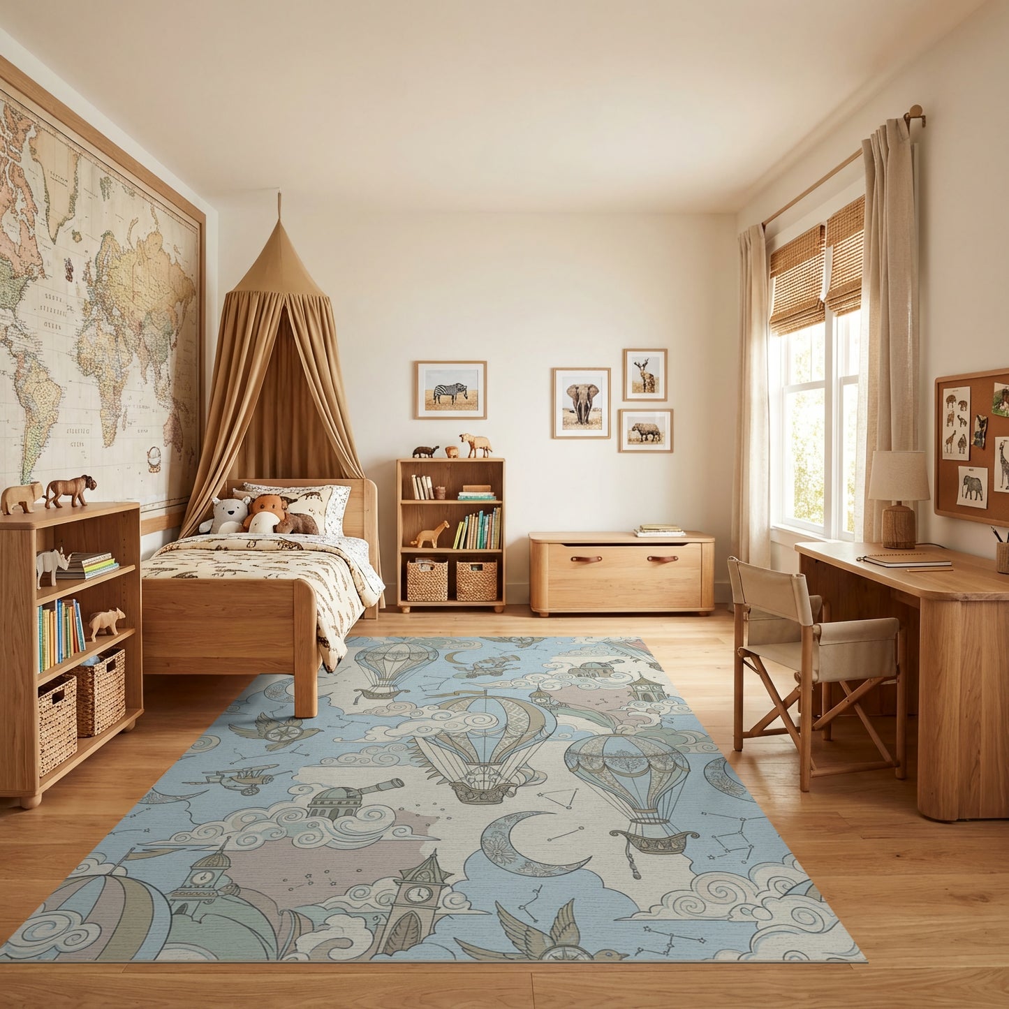 Whimsical Hot Air Balloons Celestial Clouds Rug