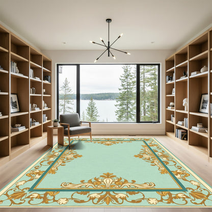 Aqua Golden Scroll Border Medallion Rug