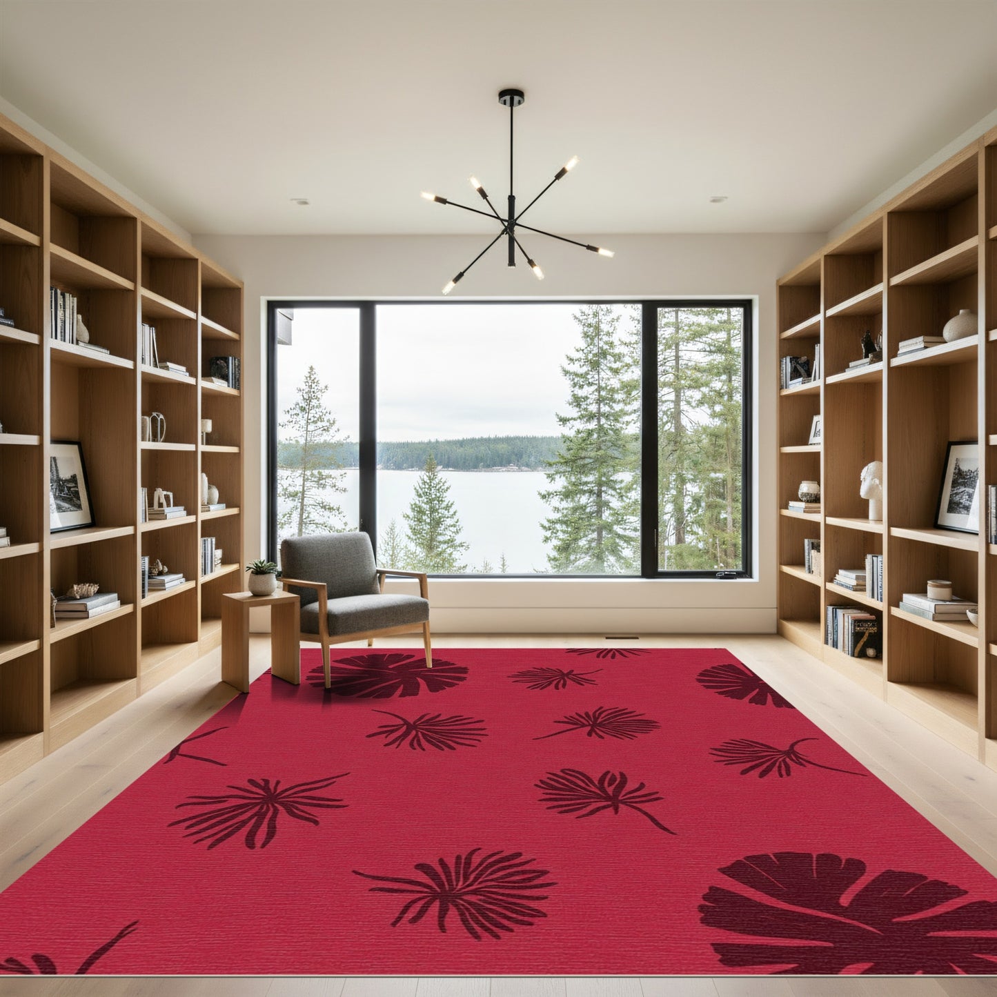 Crimson Red Botanical Fern Arrangement Rug