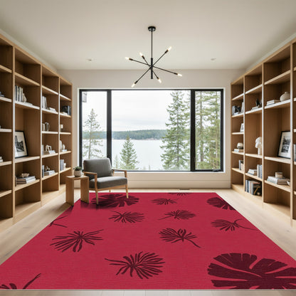 Crimson Red Botanical Fern Arrangement Rug