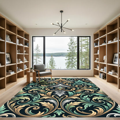 Elegant Sage Gold Acanthus Leaf Scroll Rug