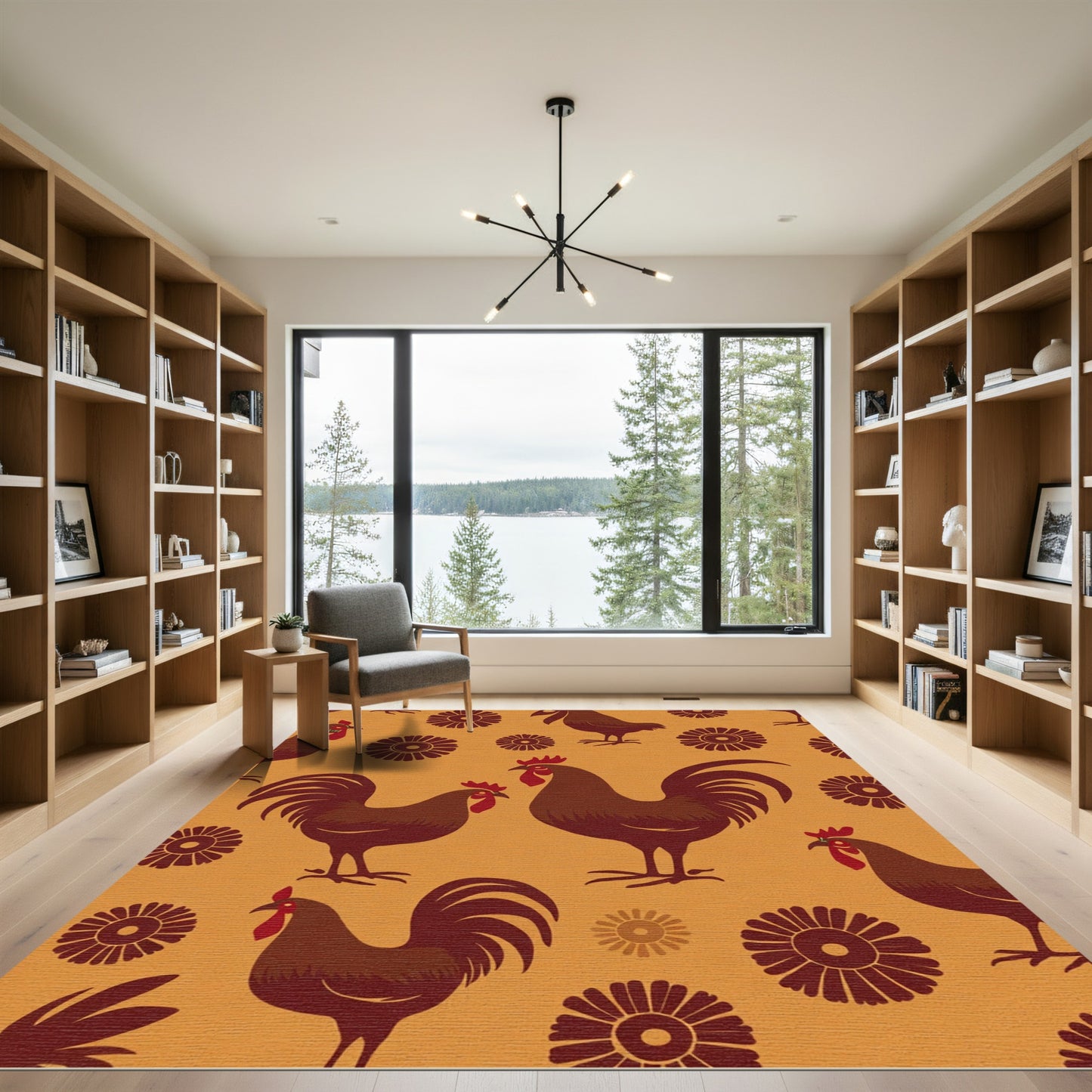 Brown Rooster Floral Charm Rug