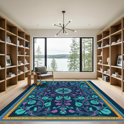 Deep Teal Purple Floral Scroll Rug