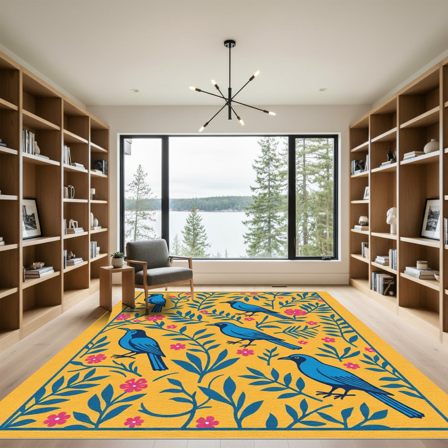 Bright Yellow Blue Birds Floral Arrangement Rug