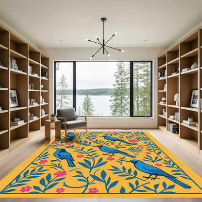 Bright Yellow Blue Birds Floral Arrangement Rug