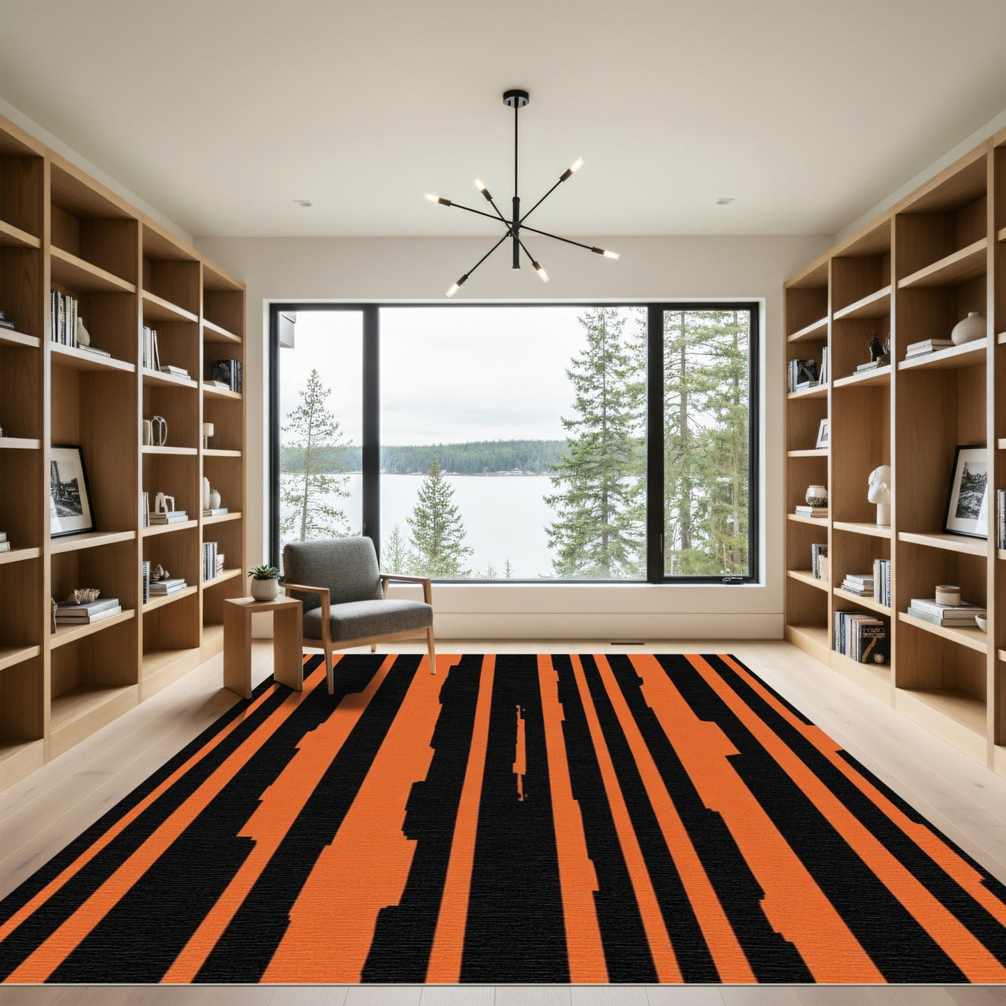 Bold Orange Black Uneven Stripes Rug