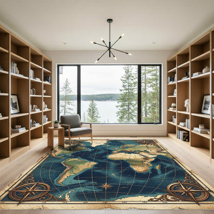Antique Cartographic World Map Nautical Chart Rug