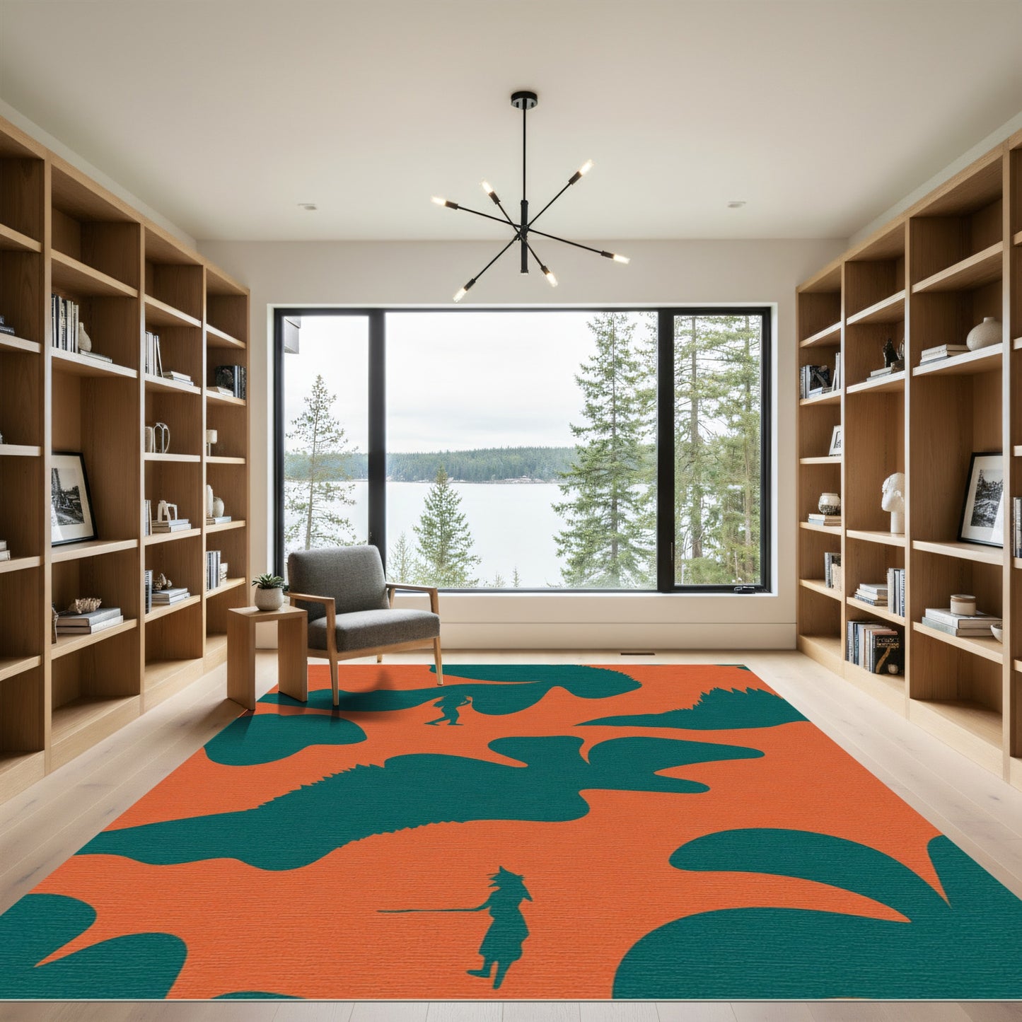 Whimsical Orange Teal Figures Landscape Rug