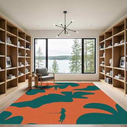 Whimsical Orange Teal Figures Landscape Rug