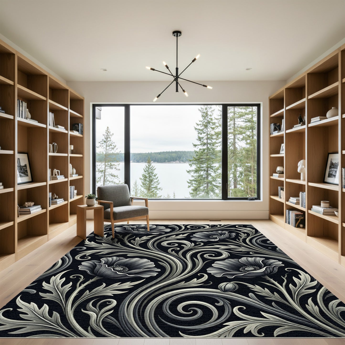 Elegance Monochrome Poppy Floral Scrollwork Rug