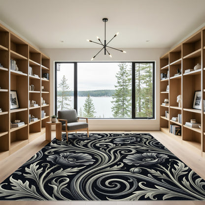Elegance Monochrome Poppy Floral Scrollwork Rug