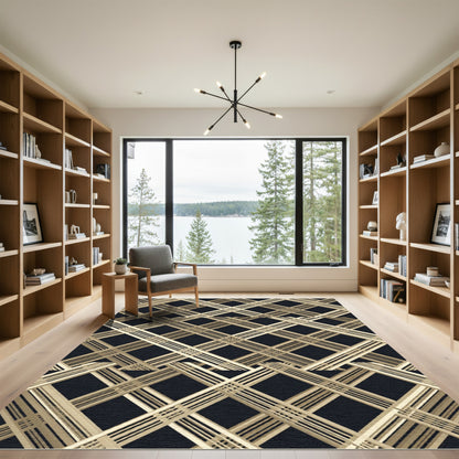 Sophisticated Golden Lattice Geometric Art Deco Grid Rug