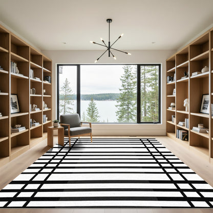 Chic Black White Grid Stripes Rug