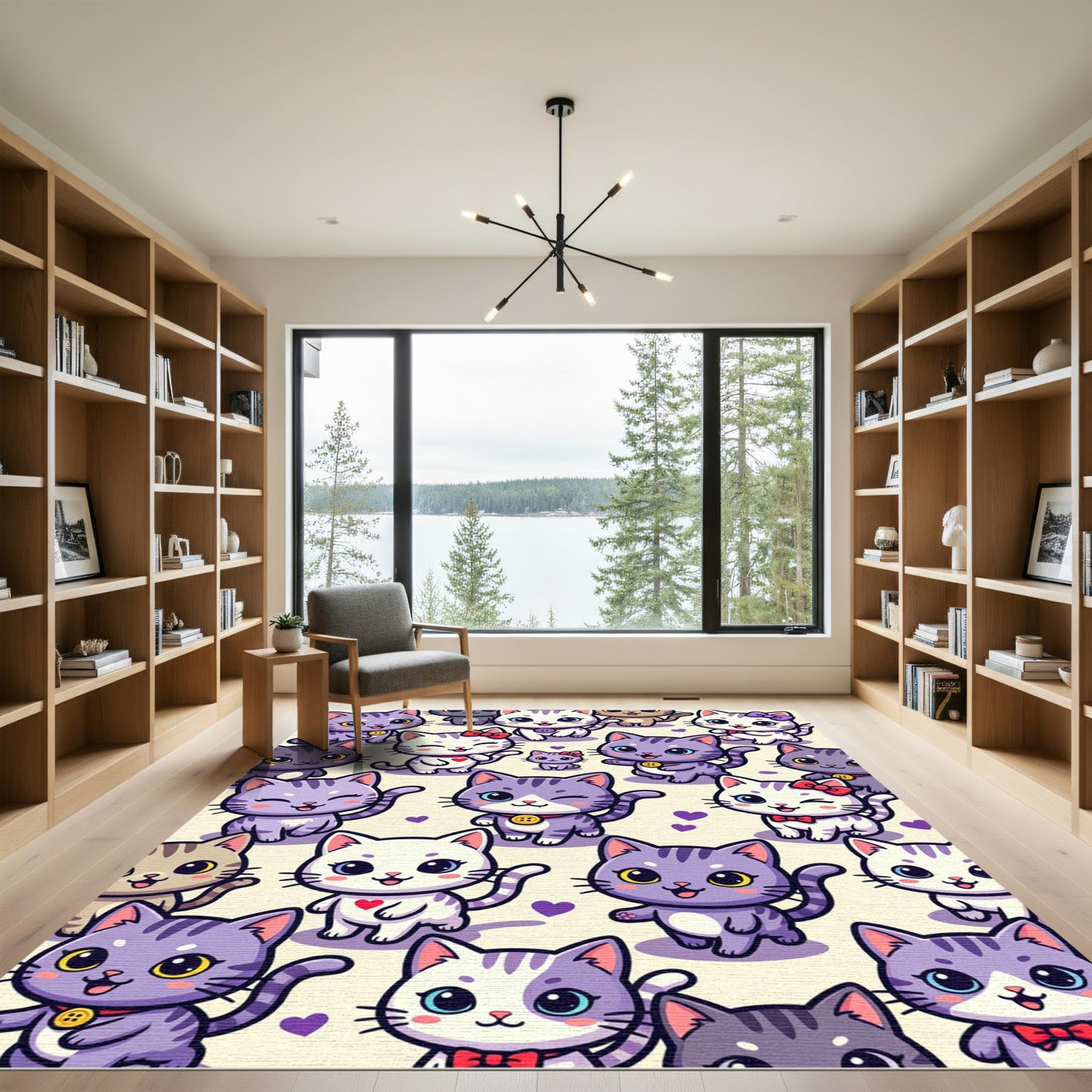Whimsical Purple Kitten Heart Motif Rug