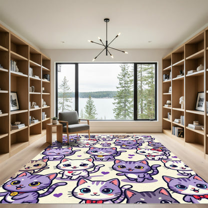 Whimsical Purple Kitten Heart Motif Rug