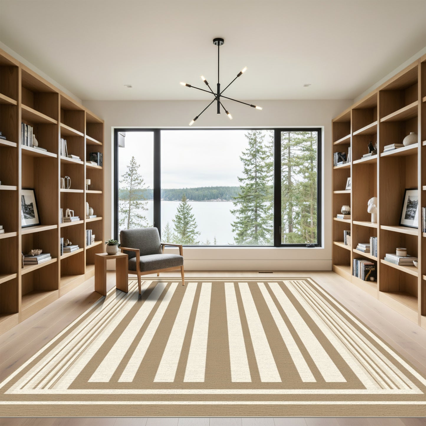 Neutral Beige Vertical Stripe Border Rug