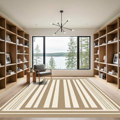 Neutral Beige Vertical Stripe Border Rug