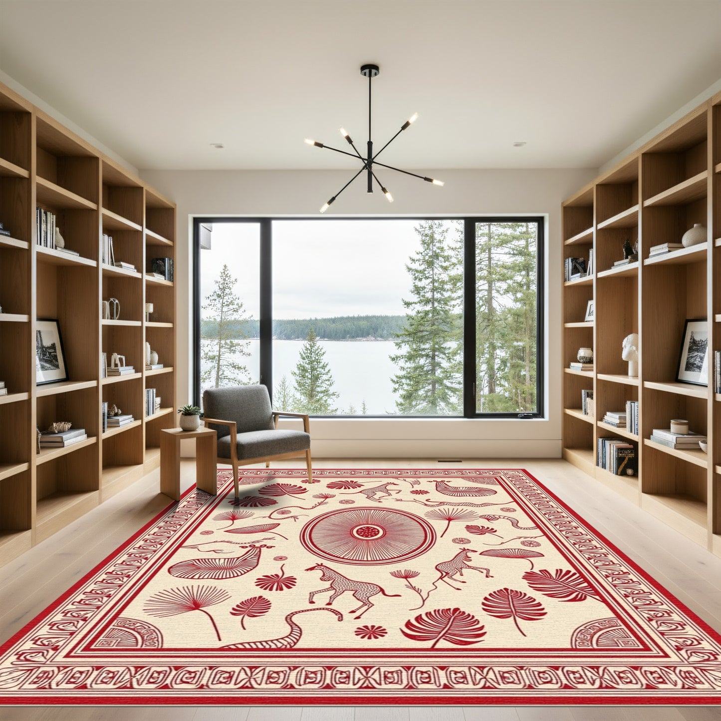 Crimson Giraffe Tropical Woodland Scene Rug