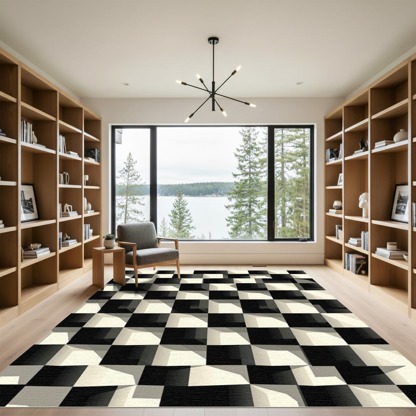 Monochromatic 3D Illusion Checkerboard Rug