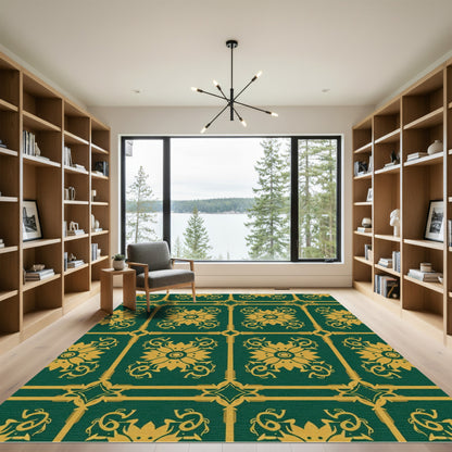 Emerald Gold Damask Floral Medallion Rug