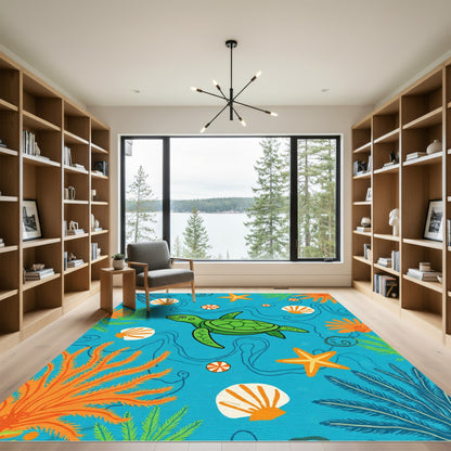 Vibrant Blue Ocean Turtle Seashell Coral Rug
