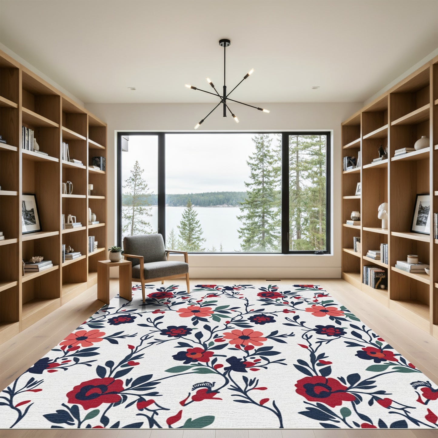 Crimson Coral Navy Floral Vine Rug