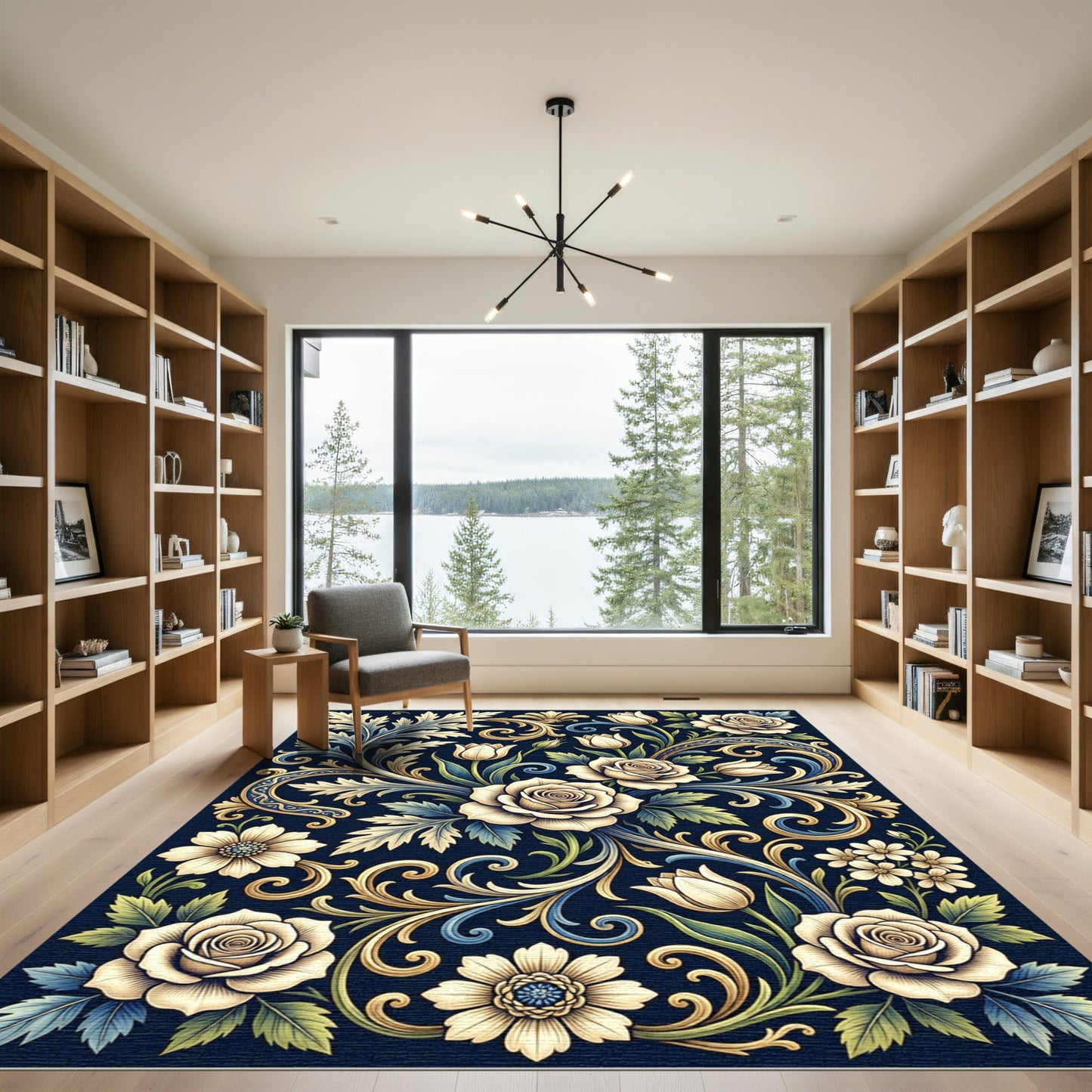 Elegant Cream Floral Navy Scrollwork Art Rug