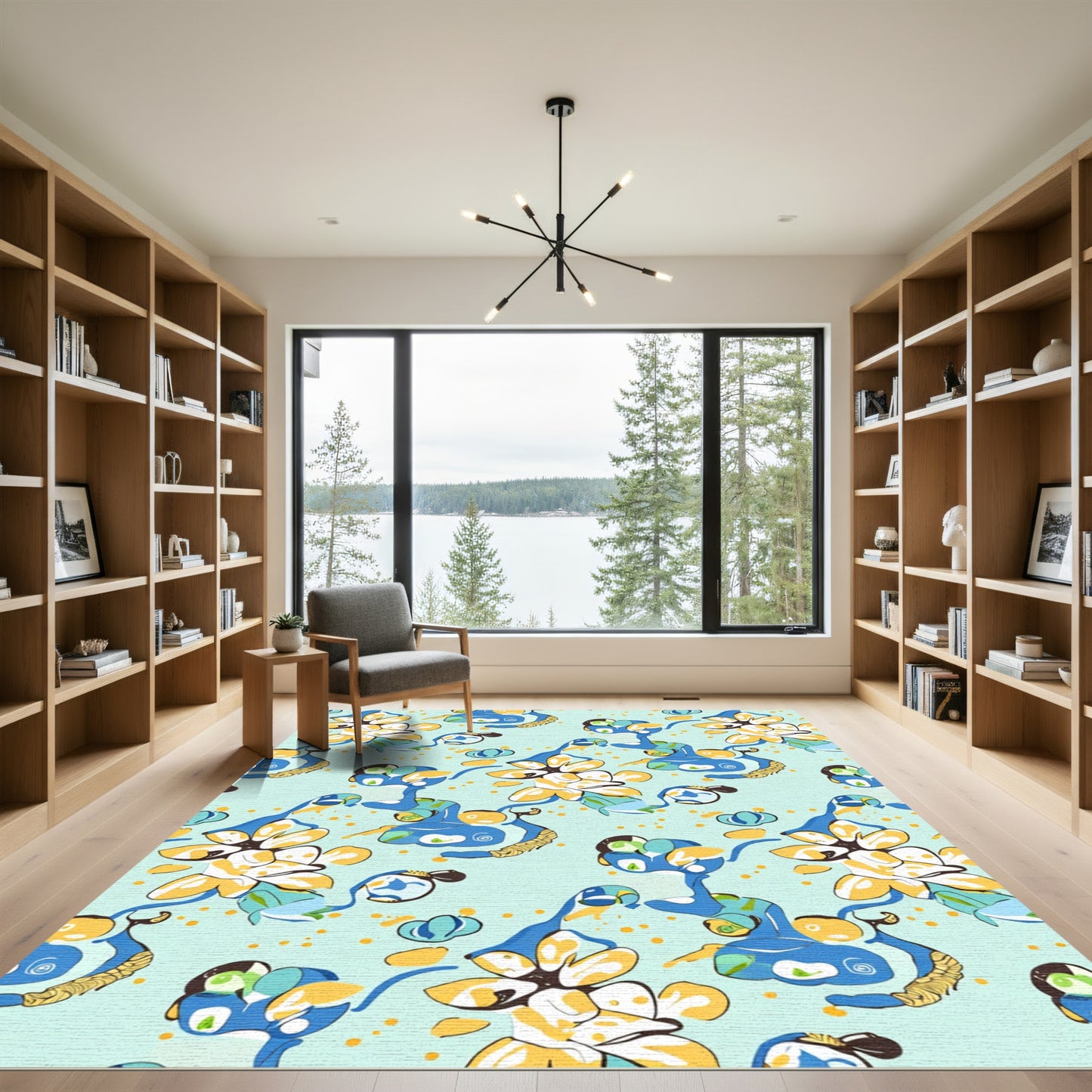 Abstract Blue Yellow Floral Swirls Rug