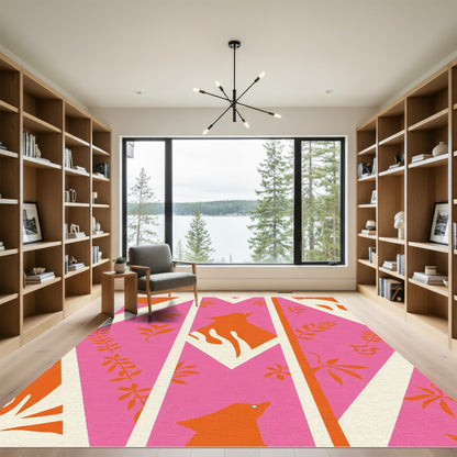 Orange Bird Pink Geometric Floral Rug